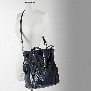 COACH Navy Blue Patent Leather Audrey Andie Cinched Tote Shoulder Bag